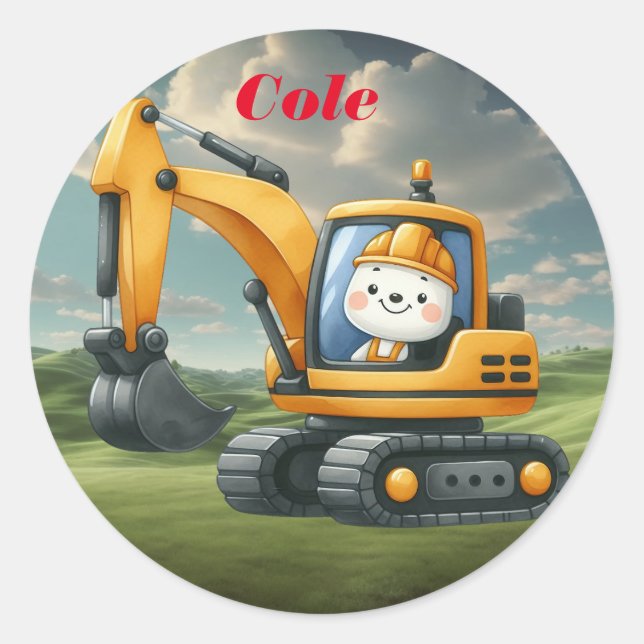Personalised name boy's Excavator Classic Round Sticker (Front)