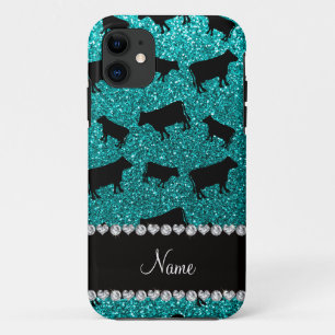 Personalised name bright aqua glitter cows iPhone 11 case