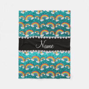 Personalised name bright aqua glitter rainbows fleece blanket