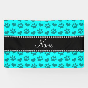 Personalised name bright aqua hearts and paw print banner