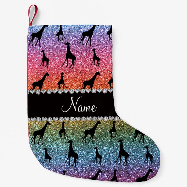Personalised name bright rainbow glitter giraffes small christmas stocking (Front)