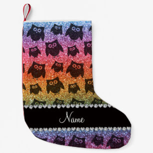 Personalised name bright rainbow glitter owls small christmas stocking