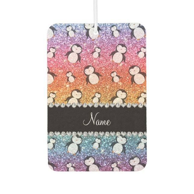 Personalised name bright rainbow glitter penguins car air freshener (Front)