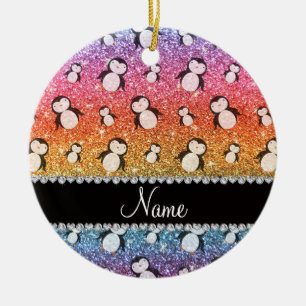 Personalised name bright rainbow glitter penguins ceramic tree decoration