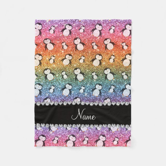 Personalised name bright rainbow glitter penguins fleece blanket (Front)
