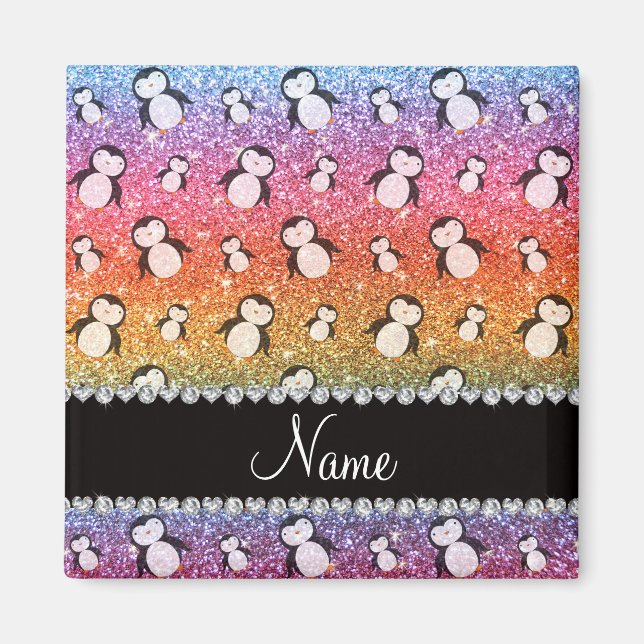 Personalised name bright rainbow glitter penguins magnet (Front)