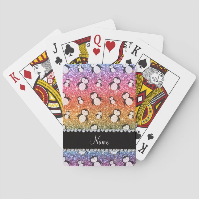 Personalised name bright rainbow glitter penguins playing cards (Back)