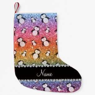 Personalised name bright rainbow glitter penguins small christmas stocking