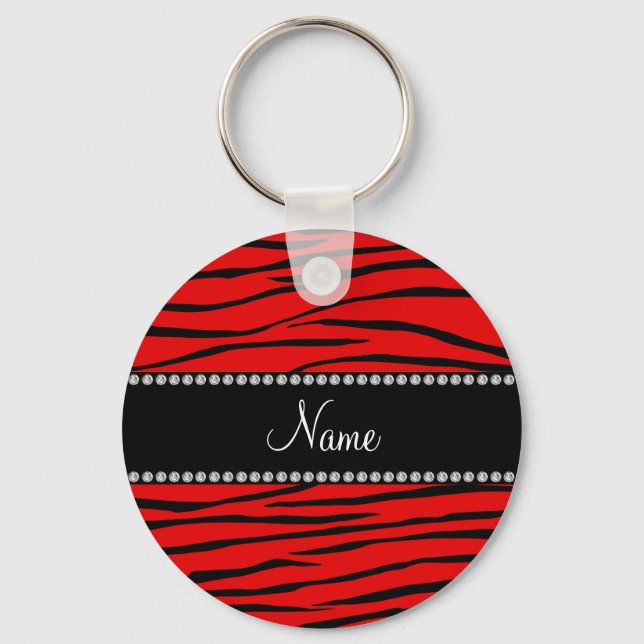 Personalised name bright red zebra stripes key ring (Front)