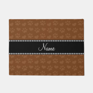 Personalised name brown hearts and paw prints doormat