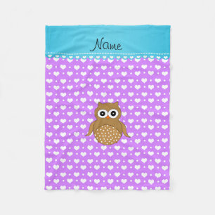 Personalised name brown owl pastel purple hearts fleece blanket