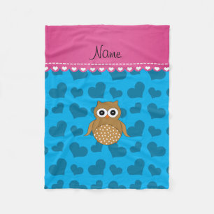Personalised name brown owl sky blue hearts fleece blanket