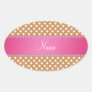 Personalised name brown polka dots pink stripe oval sticker