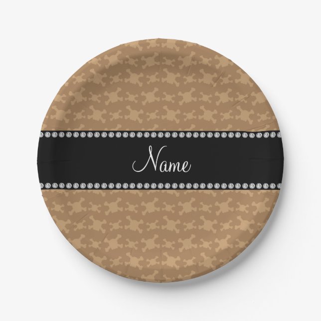 Personalised name brown skulls pattern paper plate (Front)