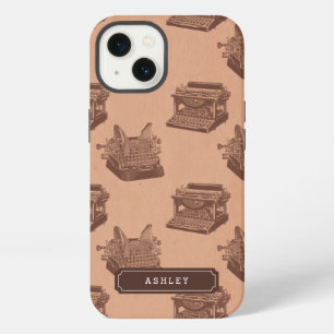 Personalised Name Brown Vintage Typewriter Pattern iPhone Case
