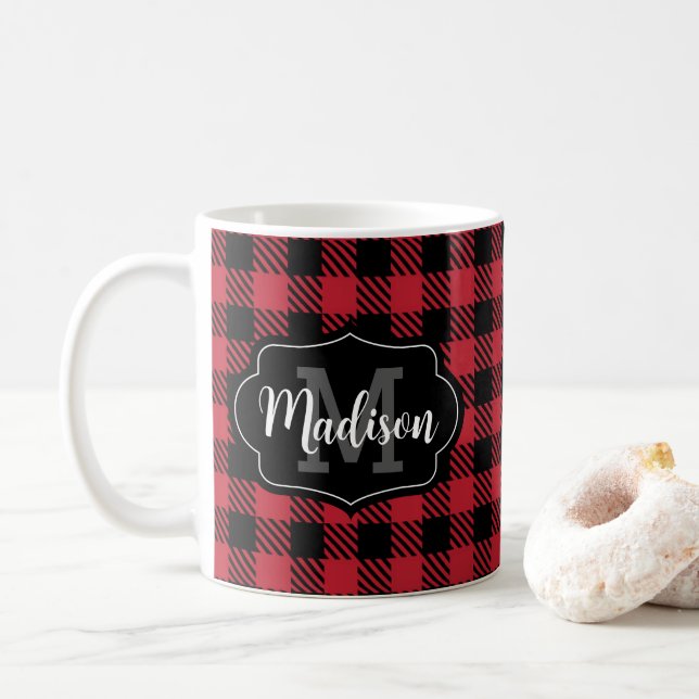 Personalised Name Buffalo Plaid Monogram Mug (With Donut)