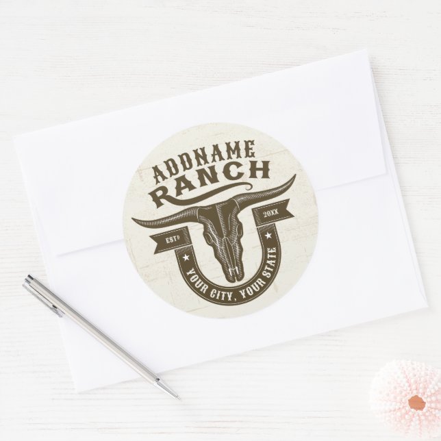 Personalised NAME Bull Steer Skull Western Ranch Classic Round Sticker (Envelope)