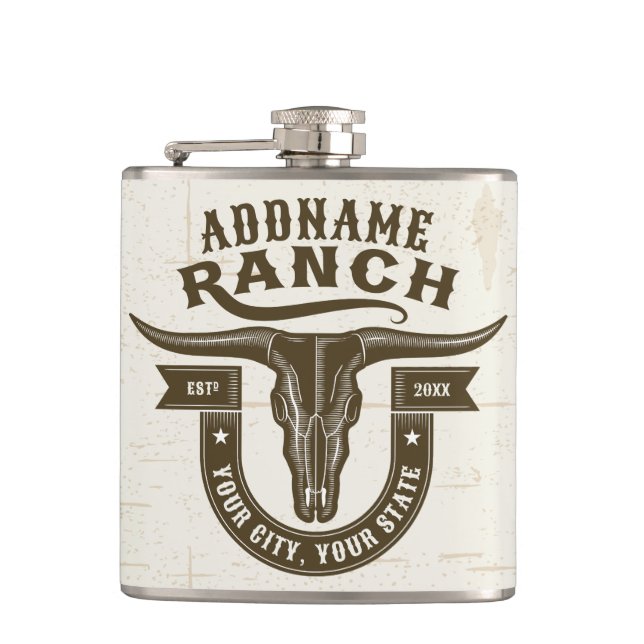 Personalised NAME Bull Steer Skull Western Ranch Hip Flask (Front)