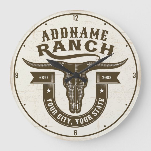 Personalised NAME Bull Steer Skull Western Ranch Large Clock (Front)