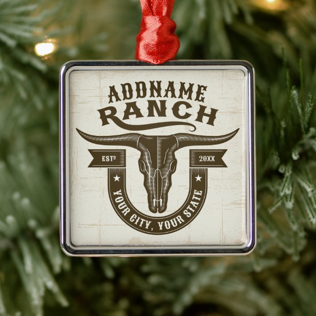 Personalised NAME Bull Steer Skull Western Ranch Metal Ornament (Tree)