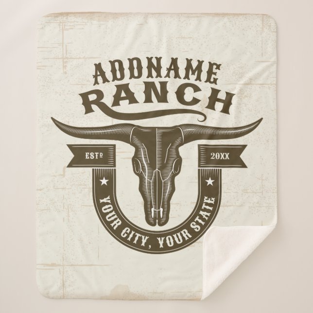 Personalised NAME Bull Steer Skull Western Ranch Sherpa Blanket (Front)
