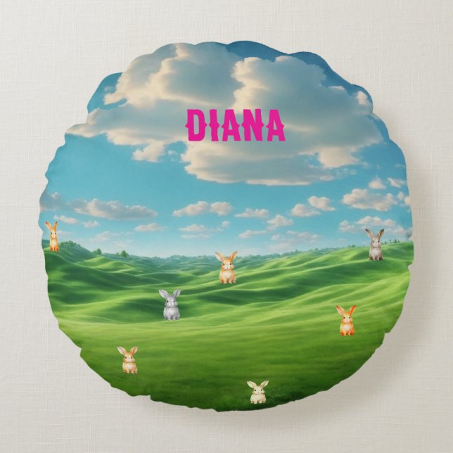Personalised name bunnies round cushion (Front)