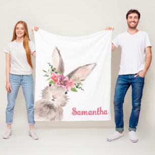 Personalised Name Bunny Rabbit Girl pink Fleece Blanket