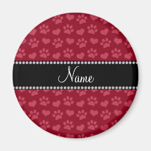 Personalised name burgundy red hearts and paw prin magnet