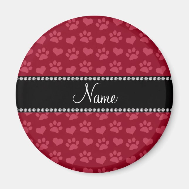 Personalised name burgundy red hearts and paw prin magnet (Front)