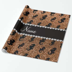 Personalised name burnt gold glitter seahorses wrapping paper