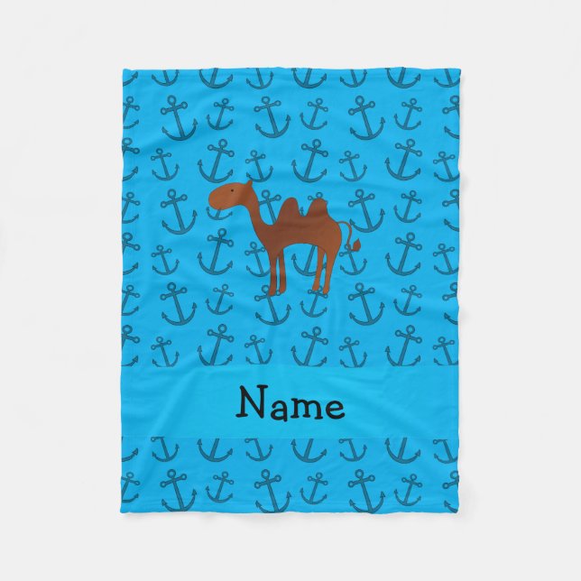 Personalised name camel blue anchors pattern fleece blanket (Front)
