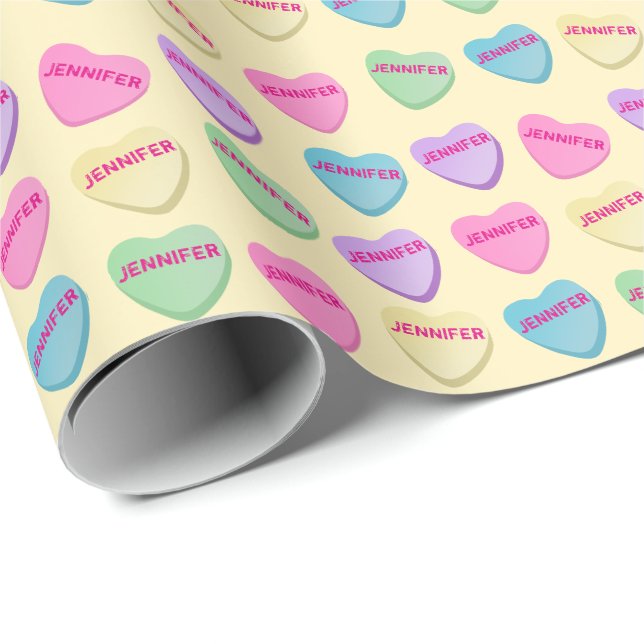 Personalised Name Candy Hearts - Yellow Wrapping Paper (Roll Corner)