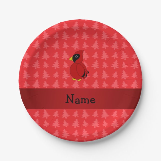 Personalised name cardinal red christmas trees paper plate (Front)