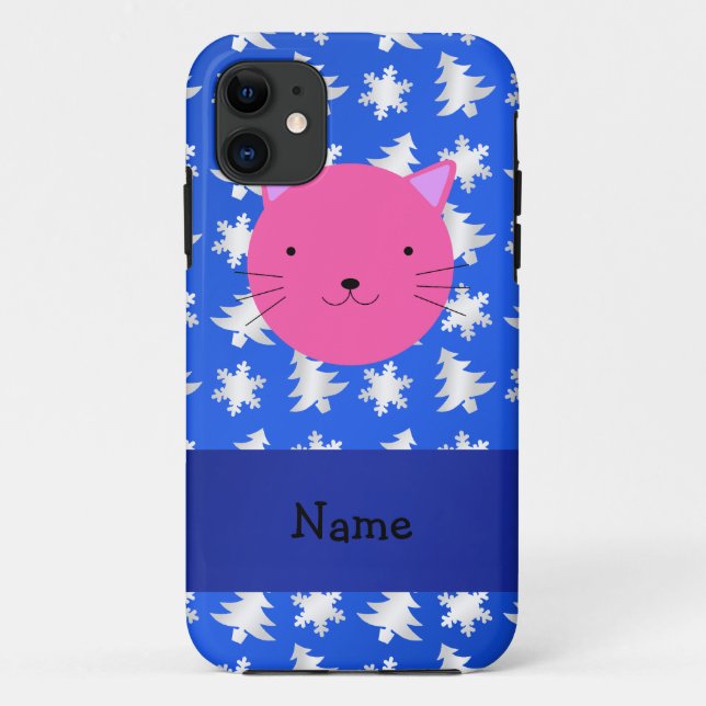 Personalised name cat blue snowflakes trees Case-Mate iPhone case (Back)