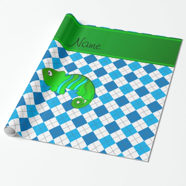 Personalised name chameleon blue argyle wrapping paper (Unrolled)