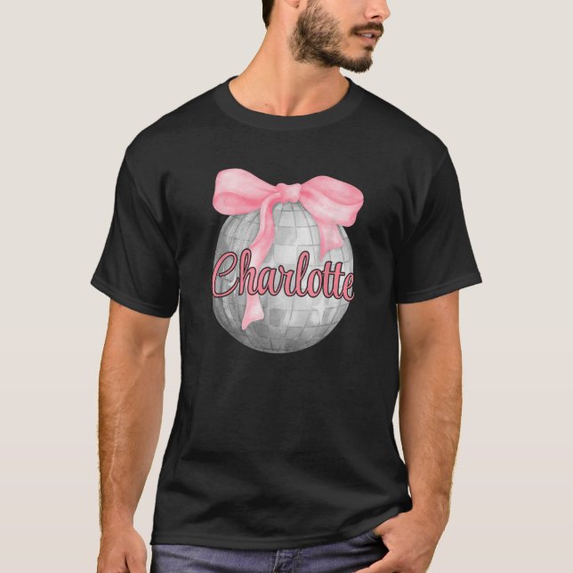 Personalised Name Charlotte Coquette Bow Pink Disc T-Shirt (Front)