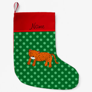 Personalised name cheetah green polka dots small christmas stocking