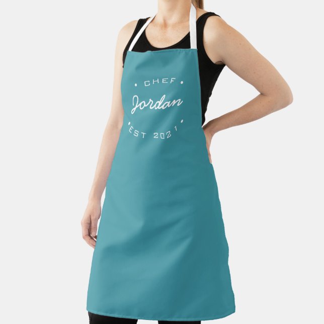 Personalised Name Chef established year Teal Apron (Insitu)