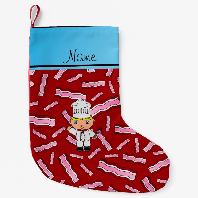 Personalised name chef red bacon small christmas stocking (Front)