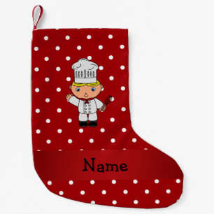 Personalised name chef red white polka dots small christmas stocking