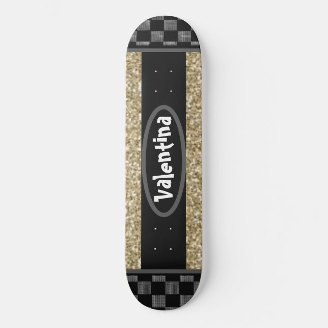 Personalised Name Chessboard Stylish Gold Glittery Skateboard (Front)
