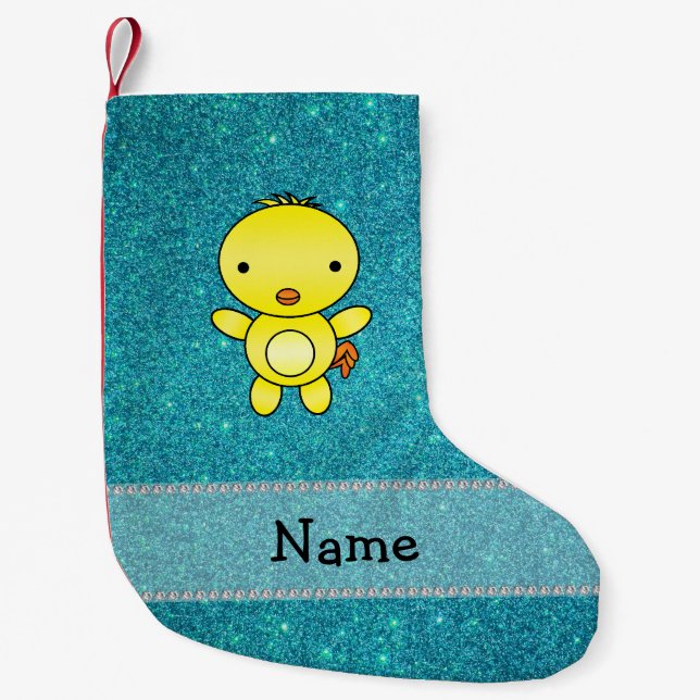 Personalised name chicken turquoise glitter small christmas stocking (Front)