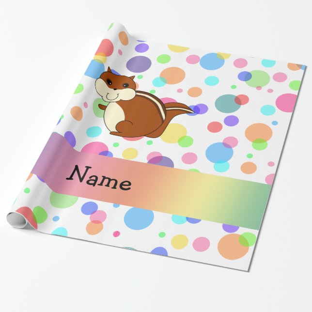 Personalised name chipmunk rainbow polka dots wrapping paper (Unrolled)