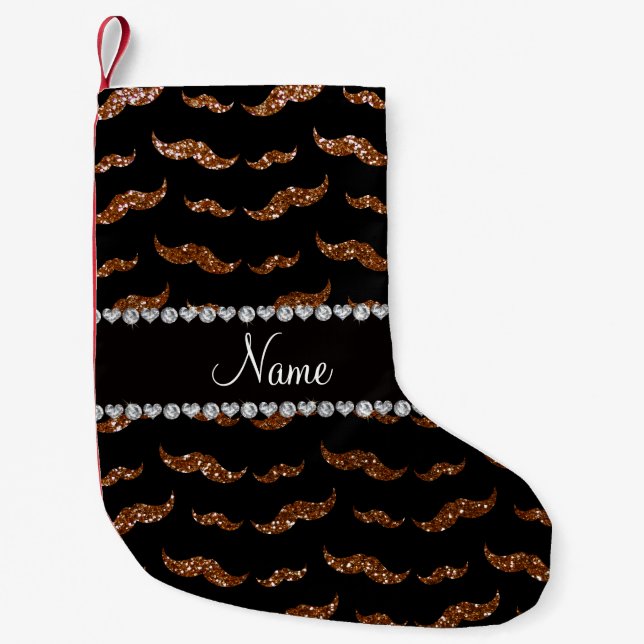 Personalised name chocolate brown glitter moustach small christmas stocking (Front)