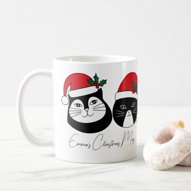 Personalised name Christmas Cat with Christmas Hat Coffee Mug (With Donut)