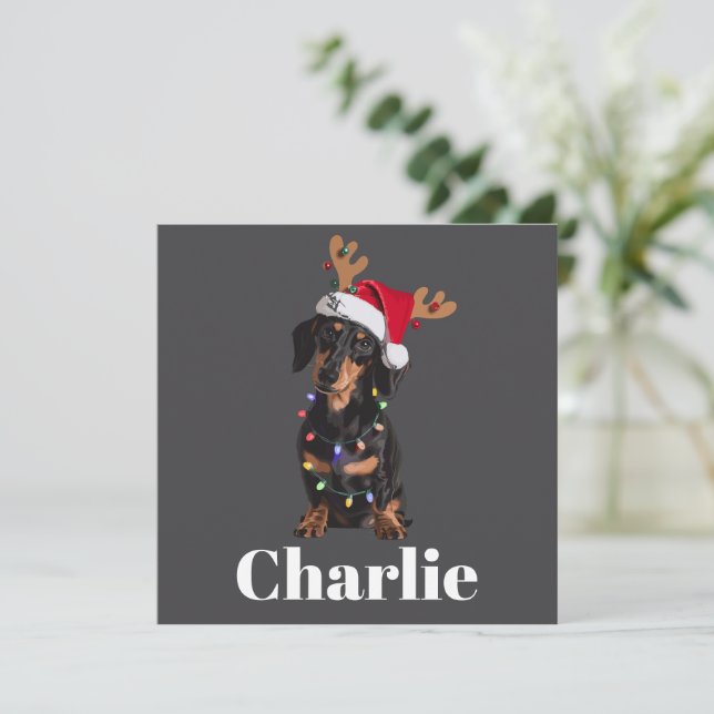 Personalised Name Christmas Dachshund Dog Lights Holiday Card (Standing Front)