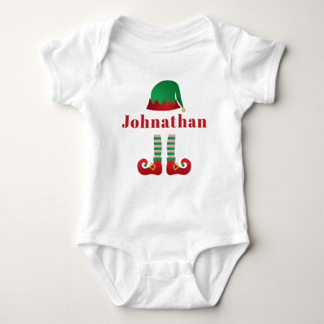 Personalised Name Christmas Elf Outfit Baby Bodysuit (Front)
