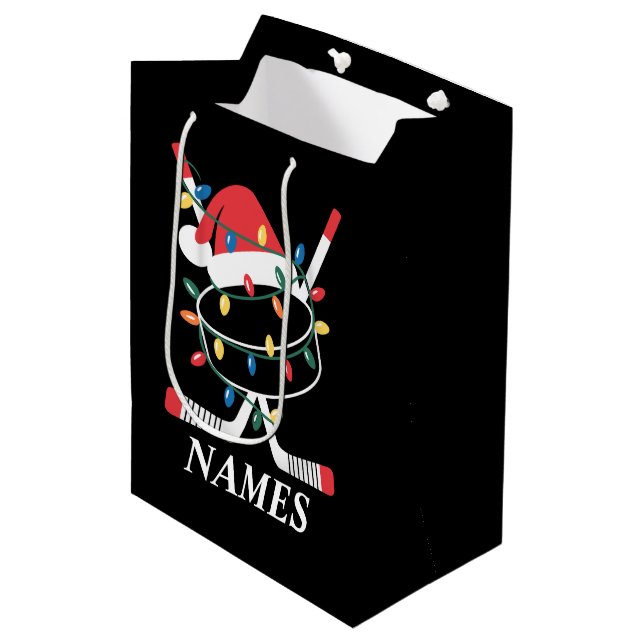 Personalised Name Christmas Hockey Xmas Santa Hat Medium Gift Bag (Front Angled)