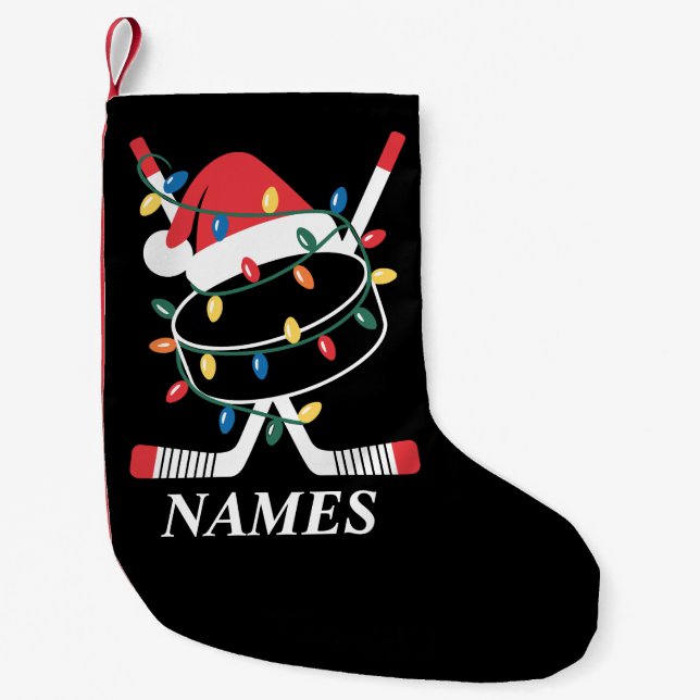 Personalised Name Christmas Hockey Xmas Santa Hat Small Christmas Stocking (Front)
