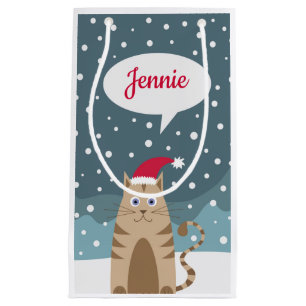 Personalised name christmas holidays santa cat small gift bag